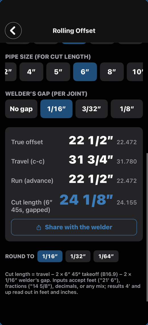 Rolling offset calculator showing true offset, travel, run and the 6-inch cut length