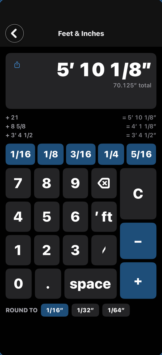 Feet and inches running tape calculator